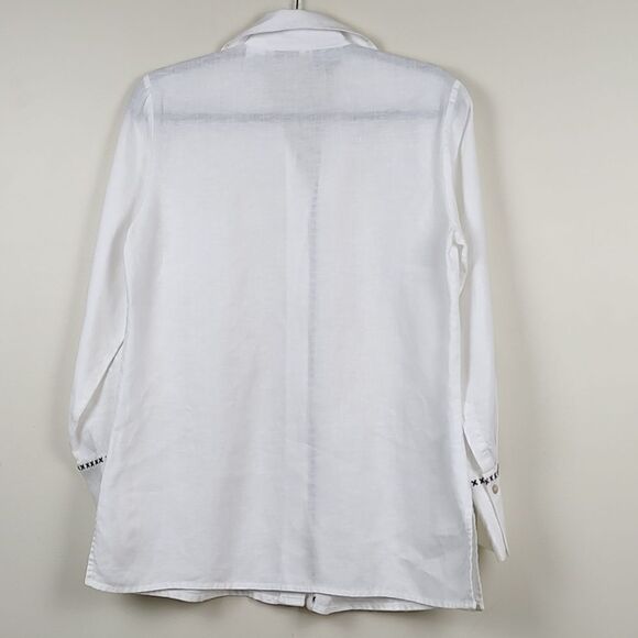 Richard Malcolm Irish Linen Long Sleeve Button Front Blouse Top Black Embroidery - Picture 13 of 14